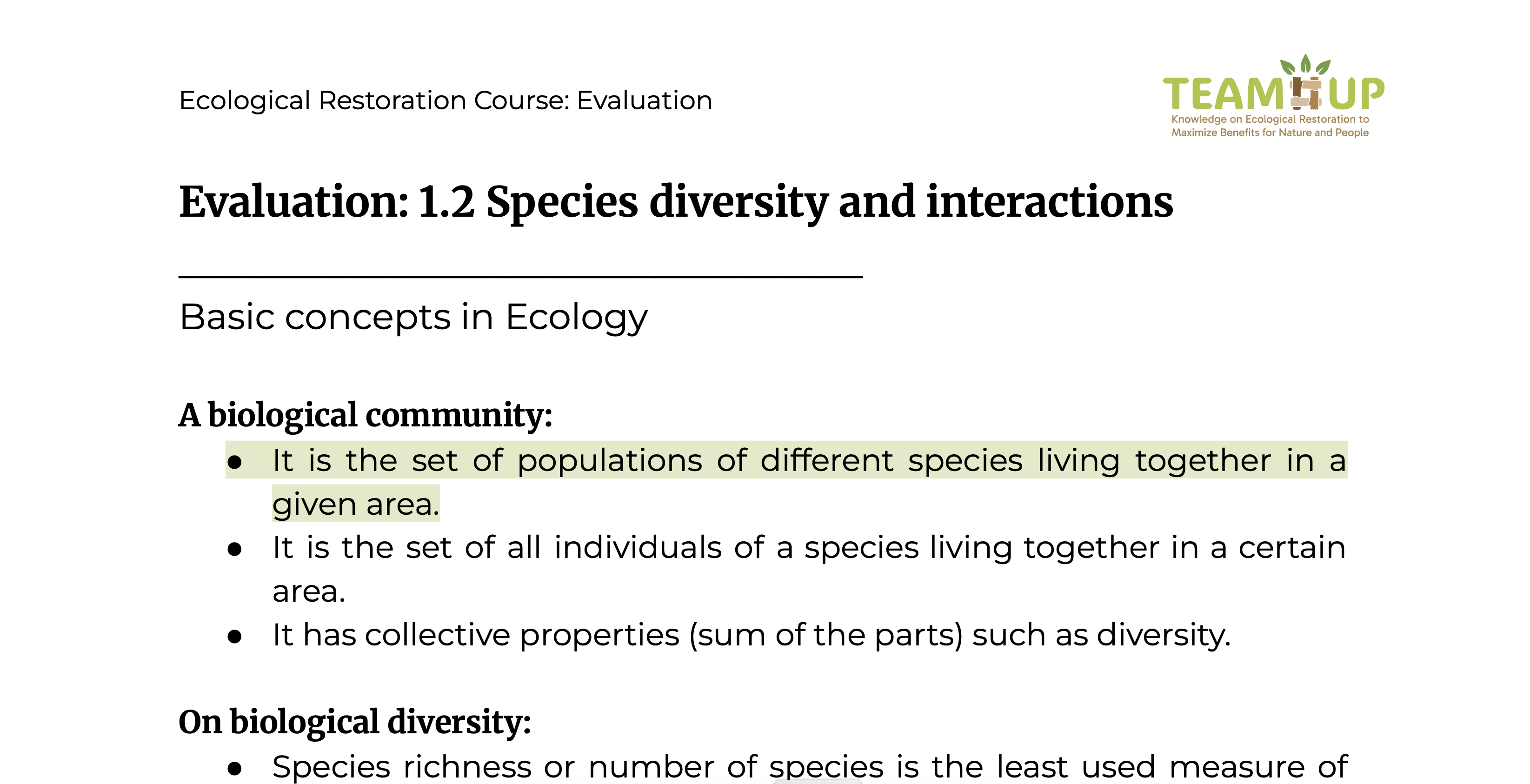 Species Diversity and their Interactions - Evaluation