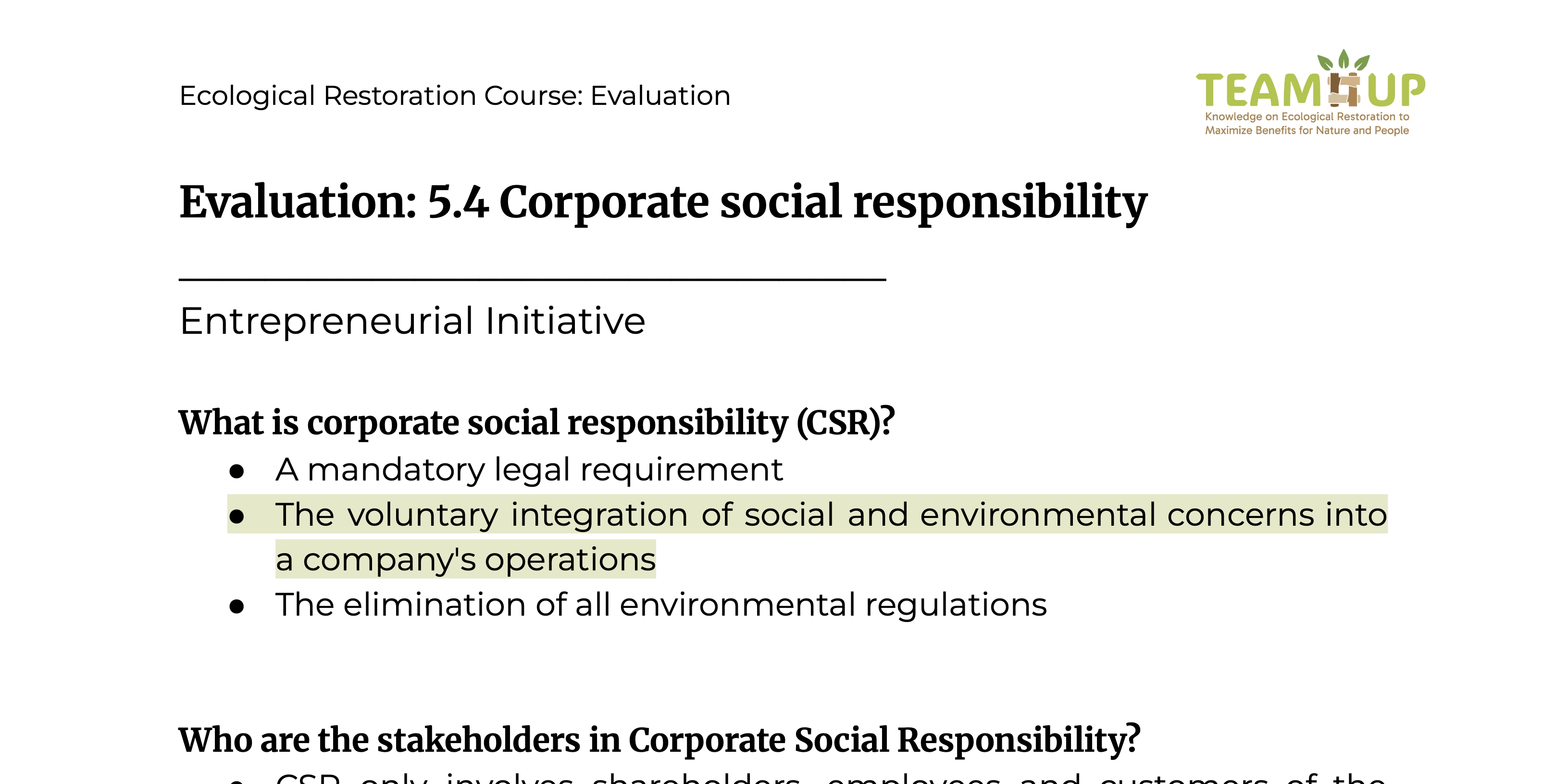 Corporate Social Responsibility - Evaluation