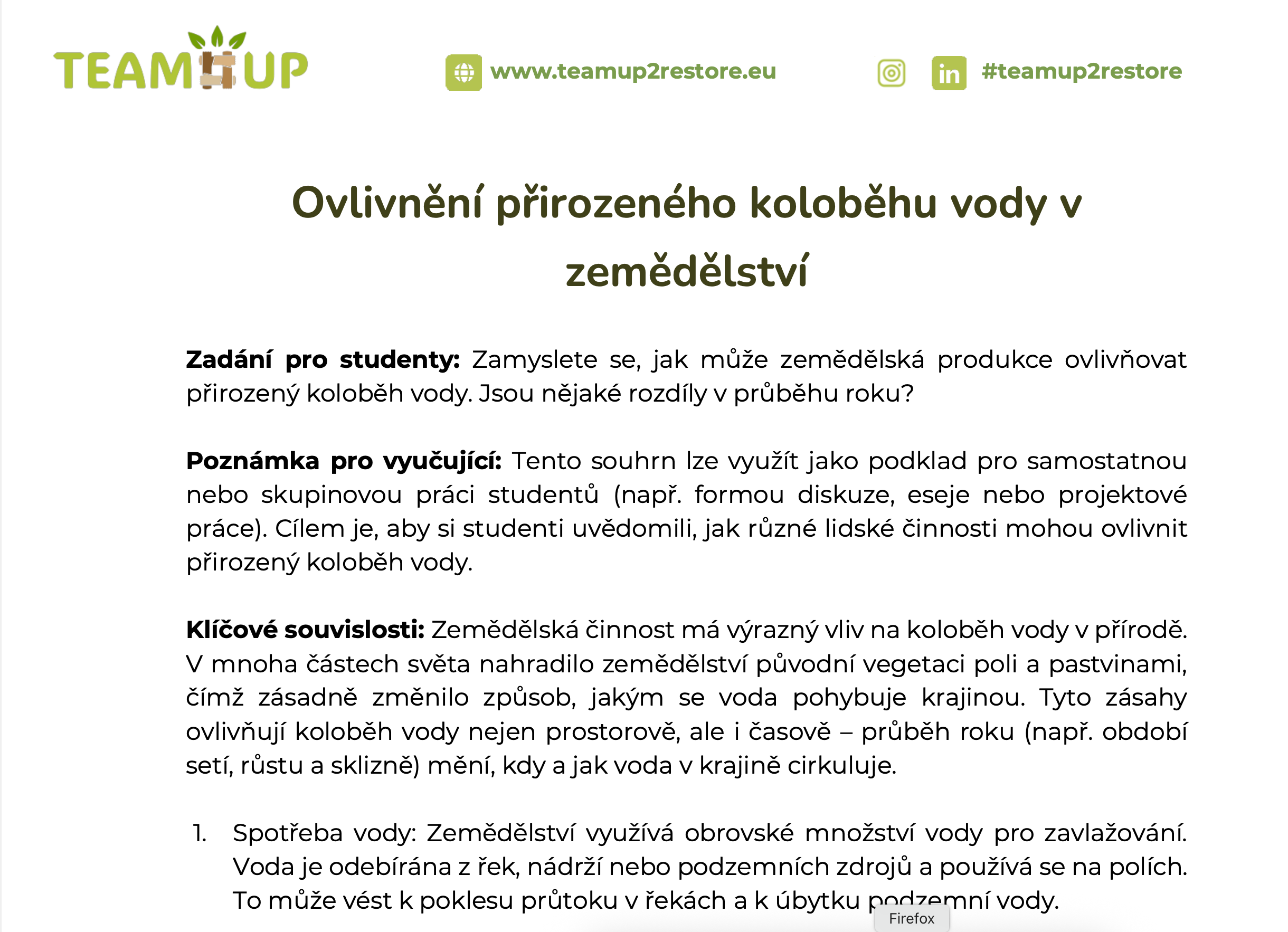 Podklad pro vyučující: Koloběh vody a zemědělství