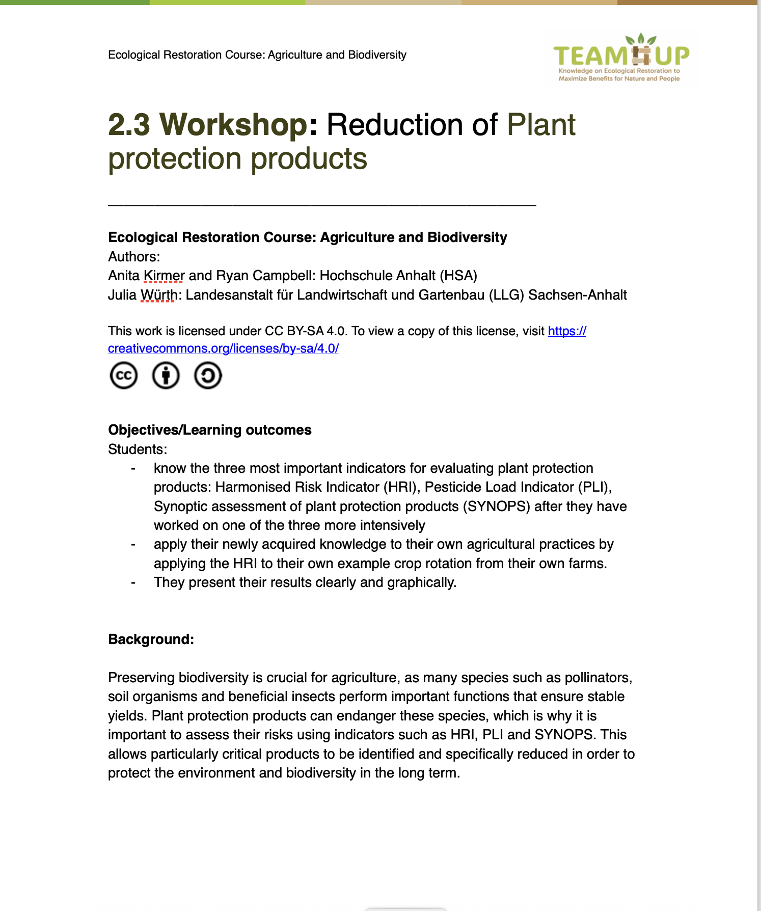 Agriculture & Biodiversity Workshop (Plant Protection)